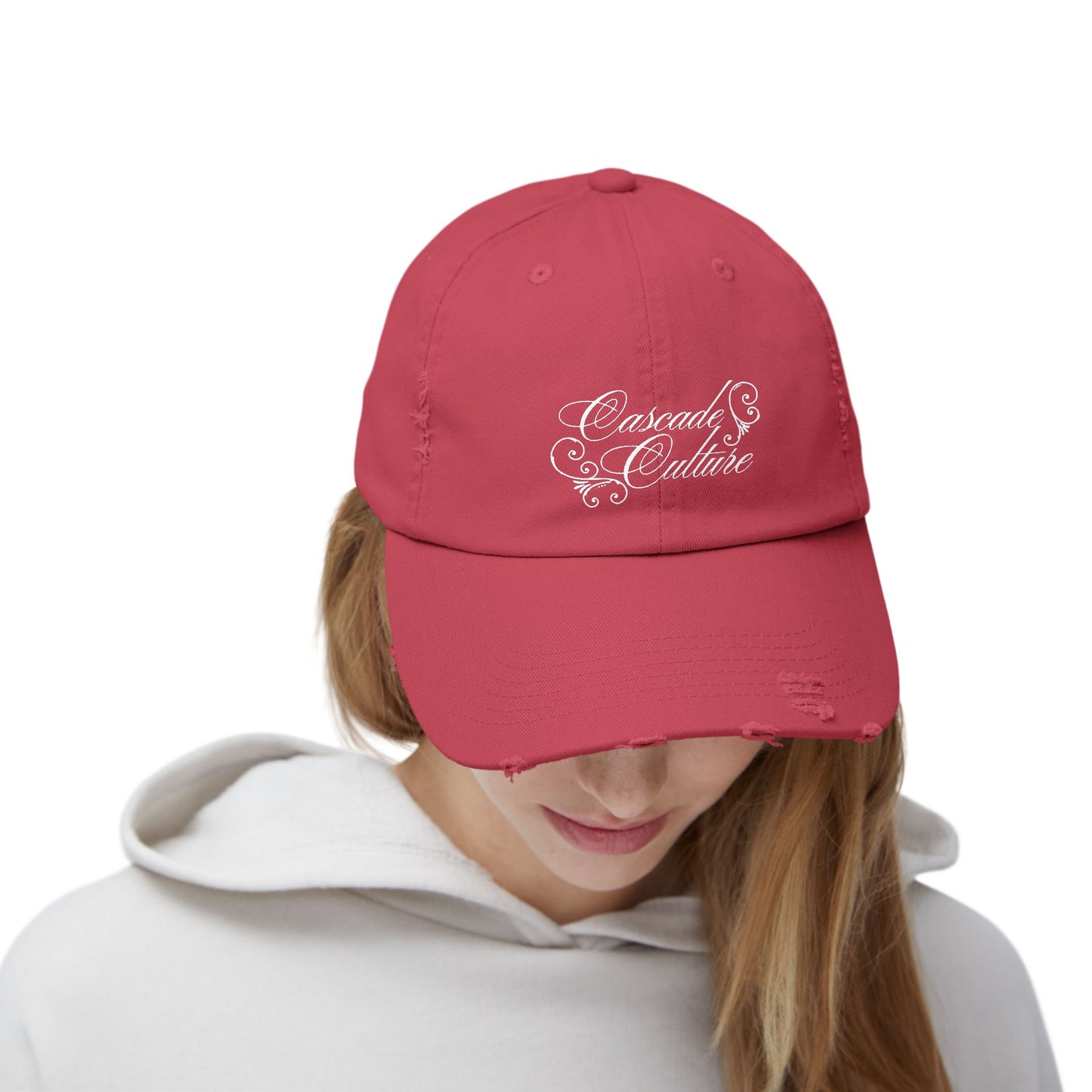 Distressed Embroidered Cap — "Cascade Culture" Script Logo