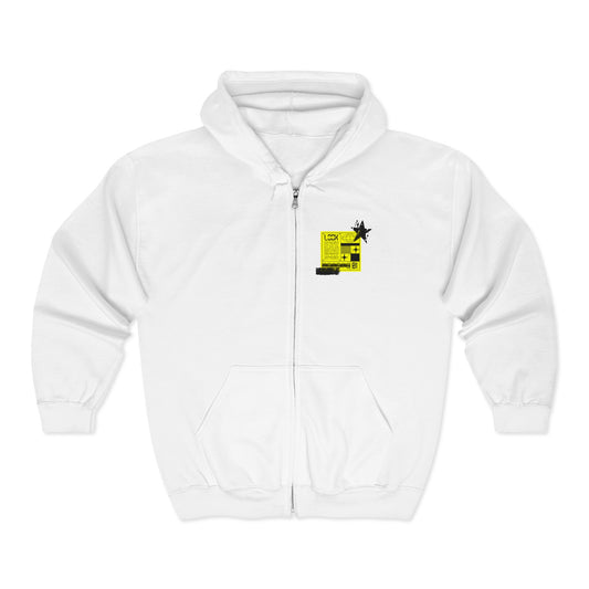 Retro Tech Graphic Zip Hoodie — Neon Green Collage Design
