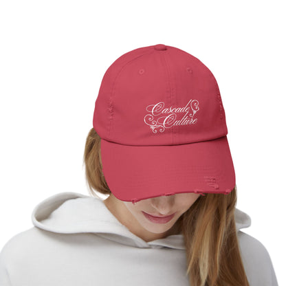 Distressed Embroidered Cap — "Cascade Culture" Script Logo